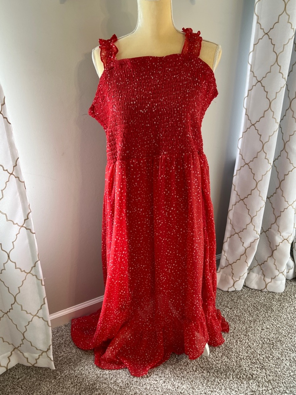 Red Smocked Ruffle-Strap Maxi Dress